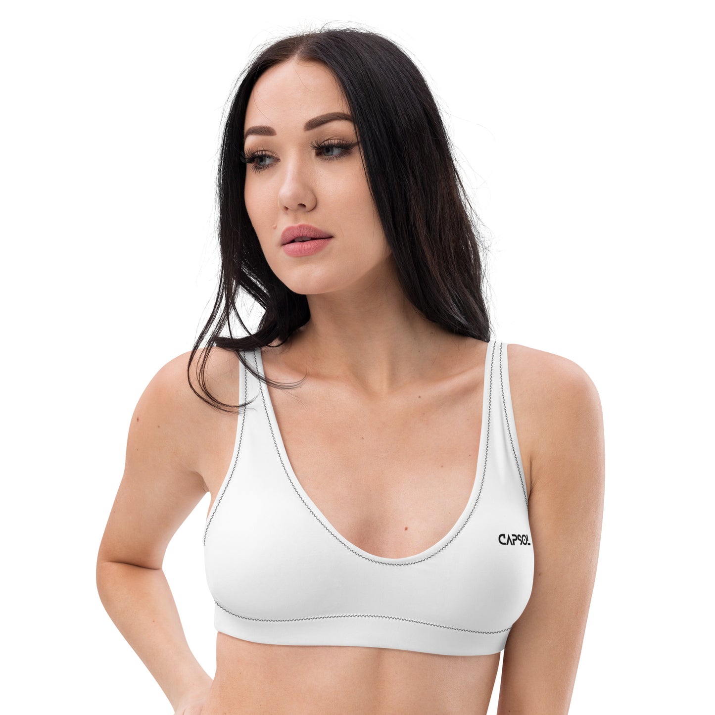 White - front left - black text - padded bikini top