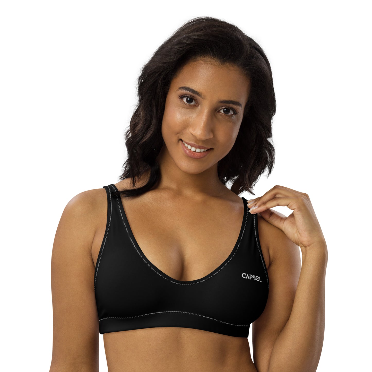 Black - front left - white text - padded bikini top