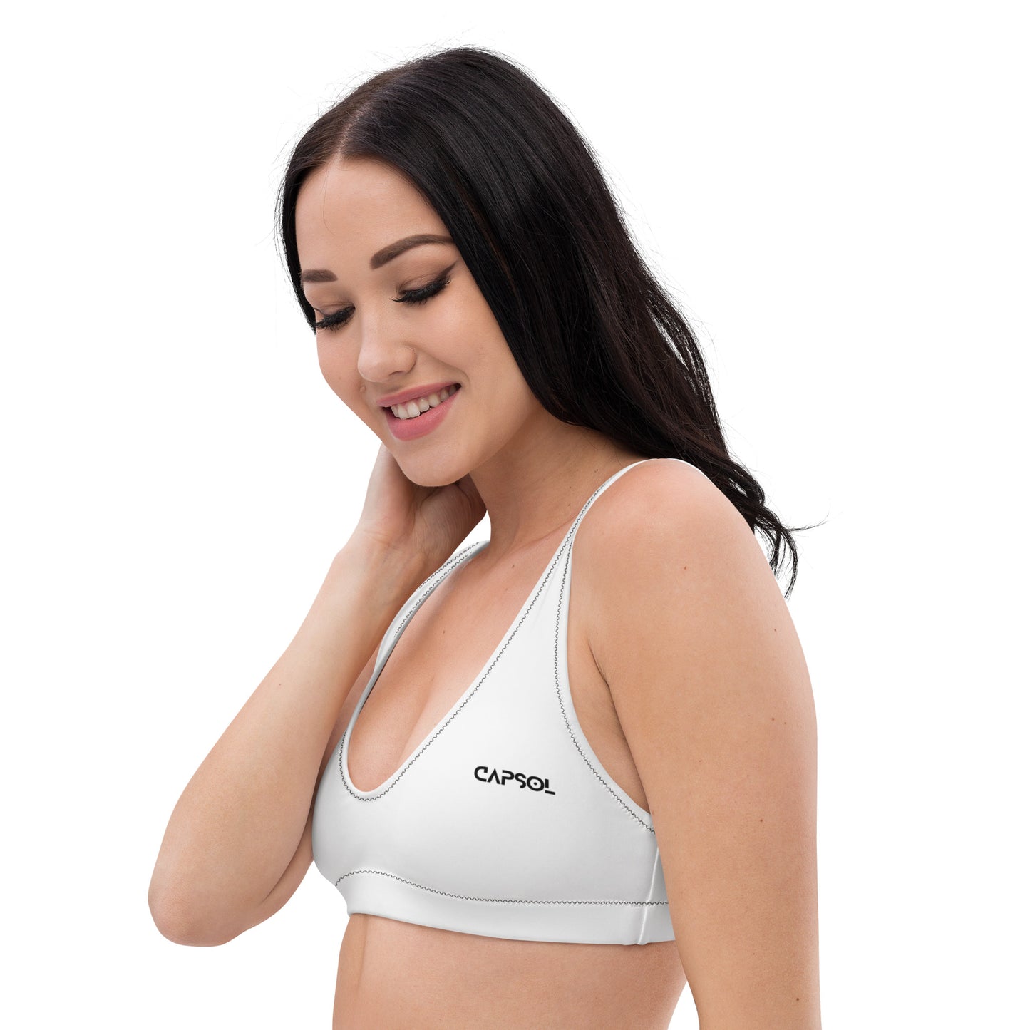 White - front left - black text - padded bikini top