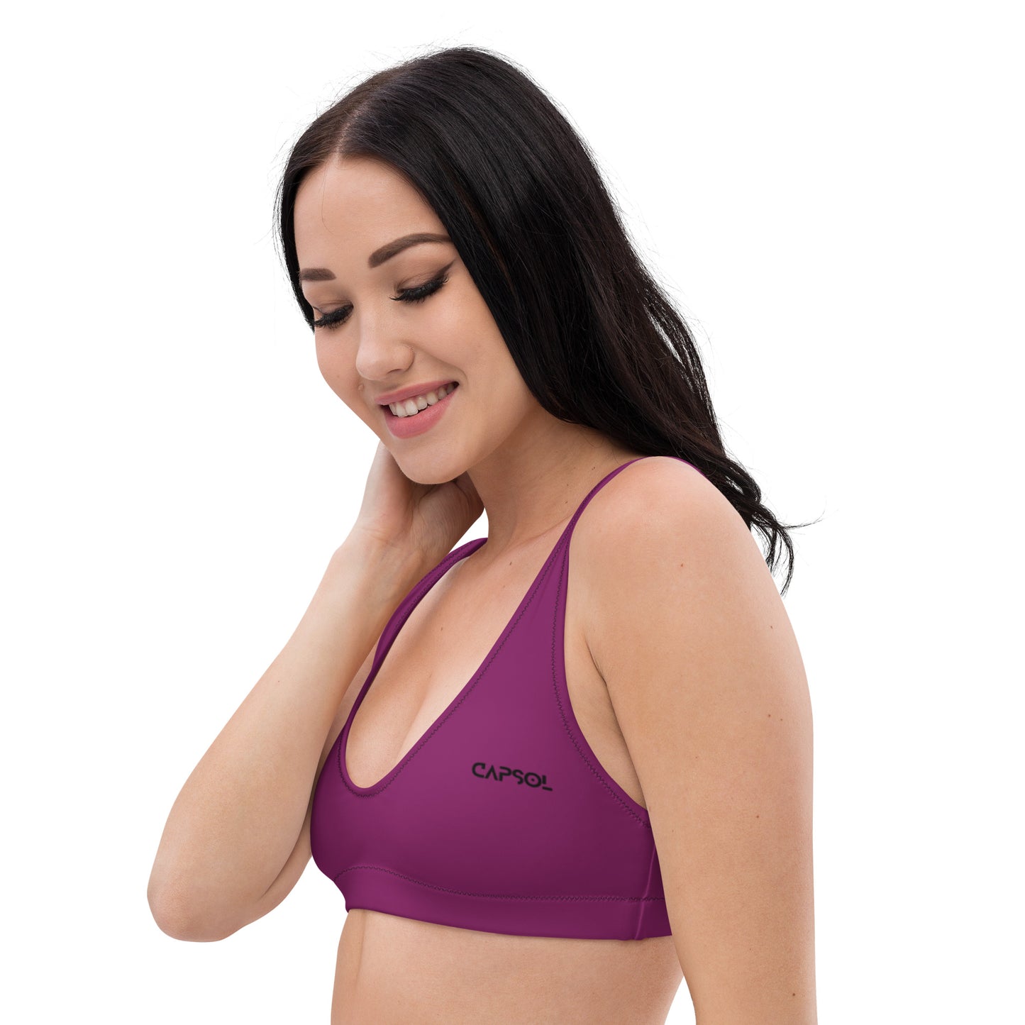 Dark Purple - front left - black text - padded bikini top