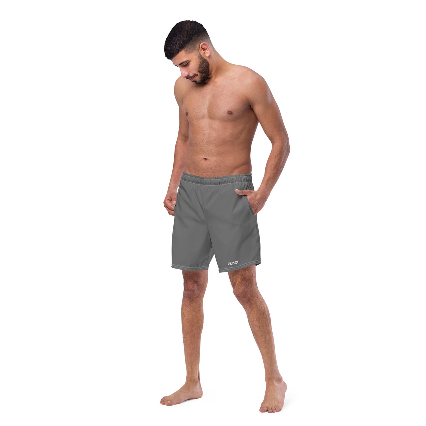 Grey - white text - Swim trunks