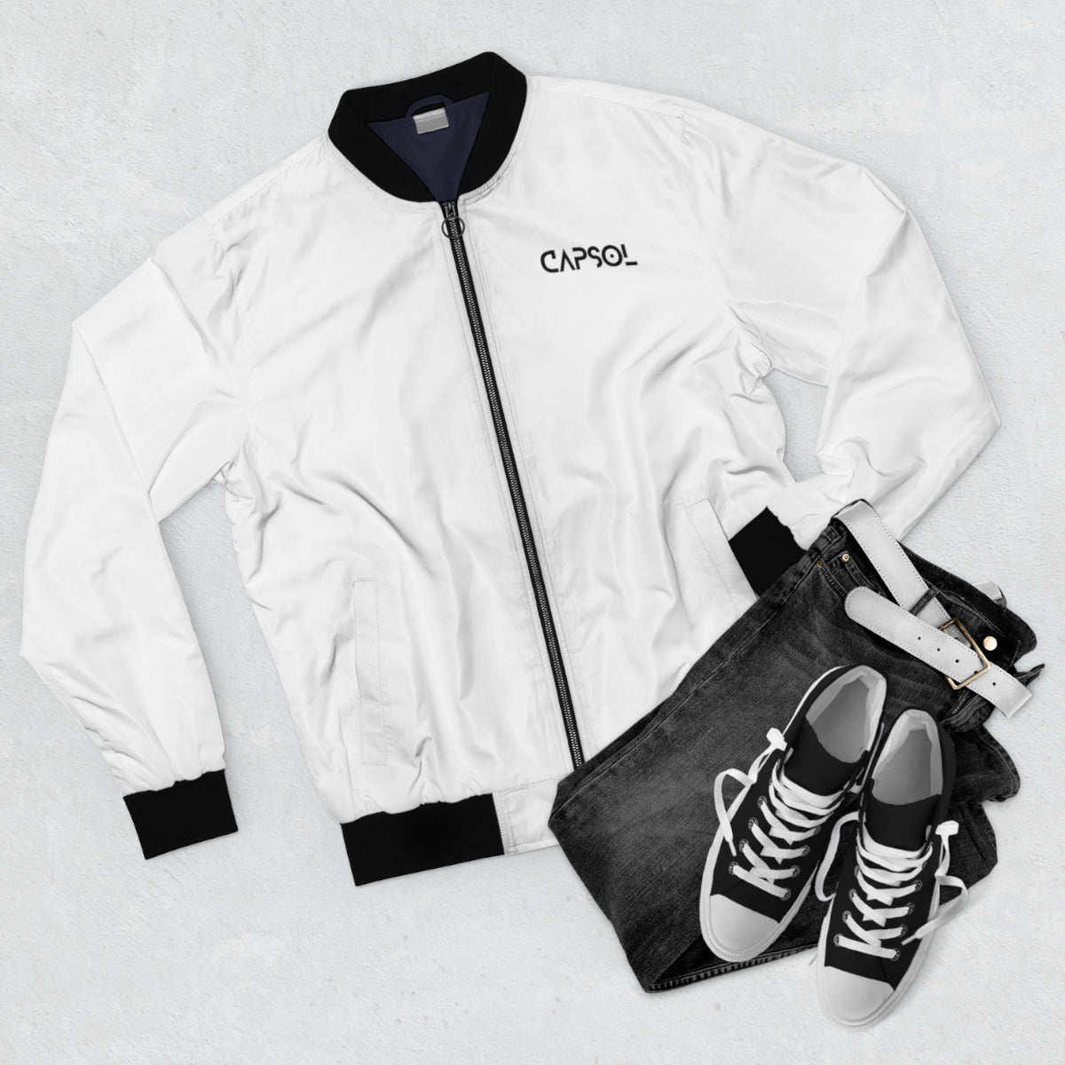 CapSol (front left) - black text - Men's AOP Bomber Jacket