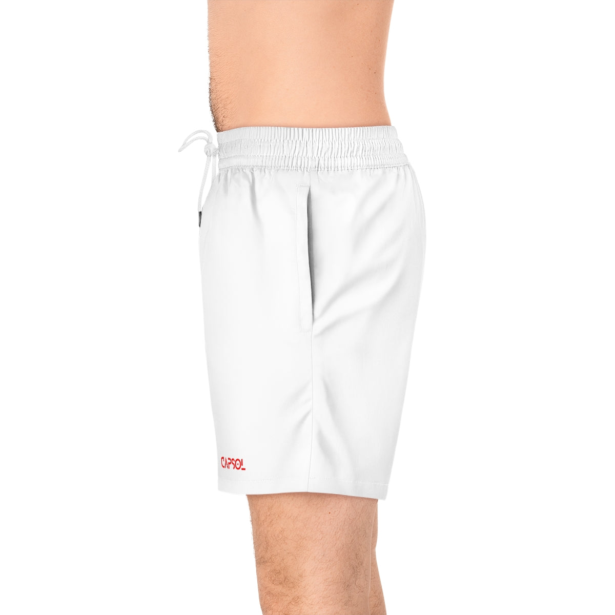 White - bright red text - b/w string - Mid-Length Swim Shorts