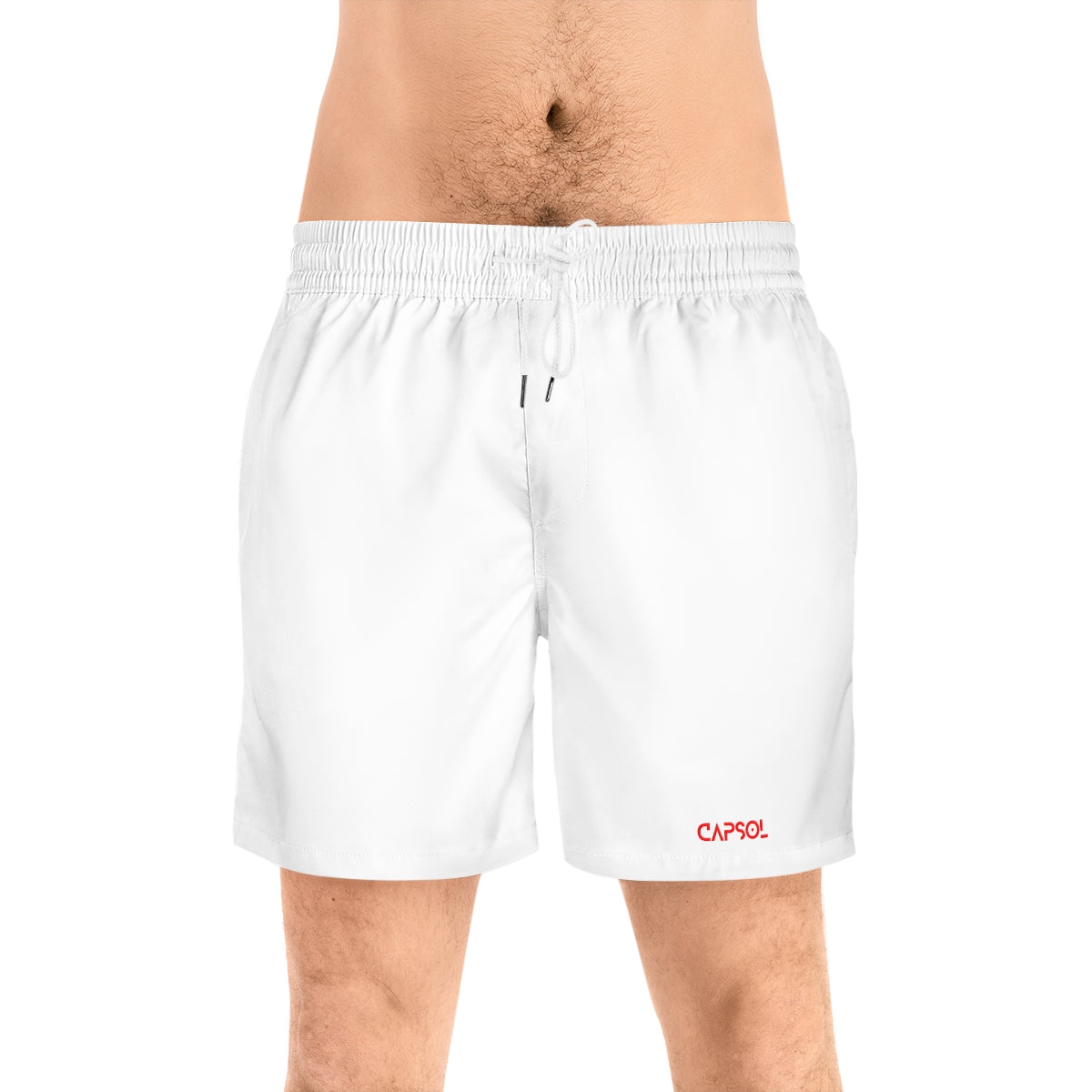 White - bright red text - b/w string - Mid-Length Swim Shorts