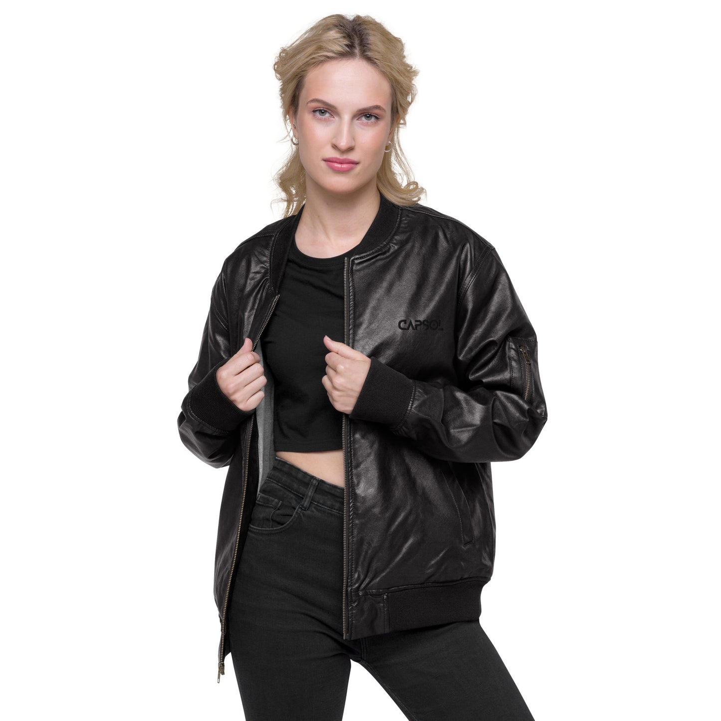 CapSol (front) - black thread - Leather Bomber Jacket (Women's)