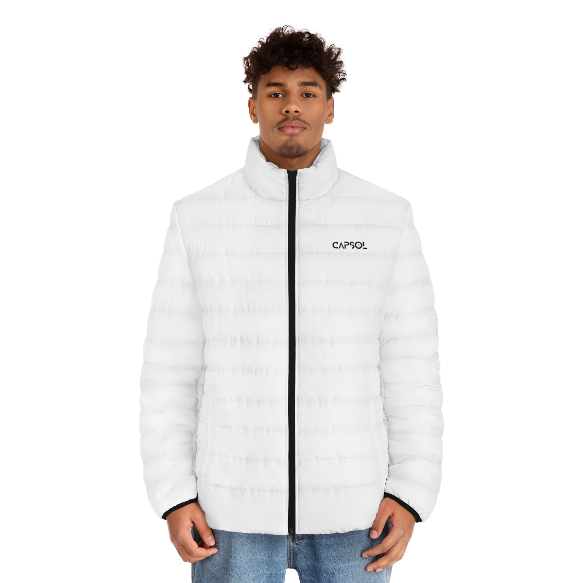 CapSol (front left) - black text - Men's Puffer Jacket (AOP)