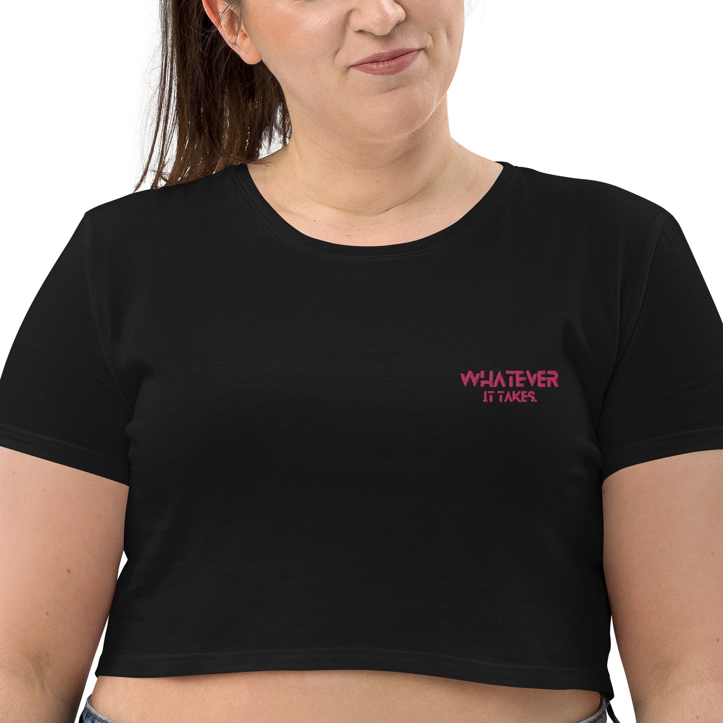 Whatever it takes (front left) - dark pink thread - Organic Crop Top