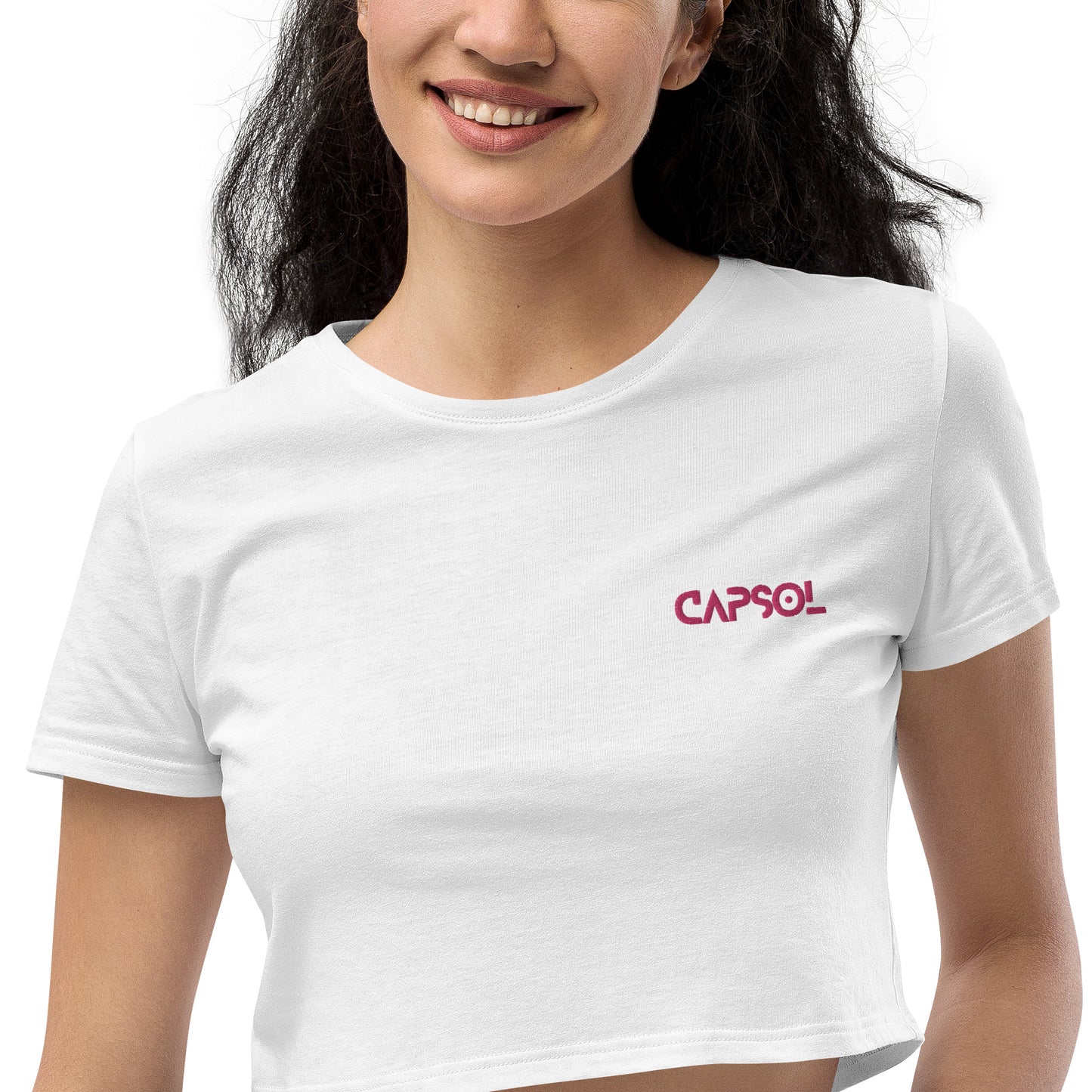 CapSol (front left) - dark pink thread - Organic Crop Top