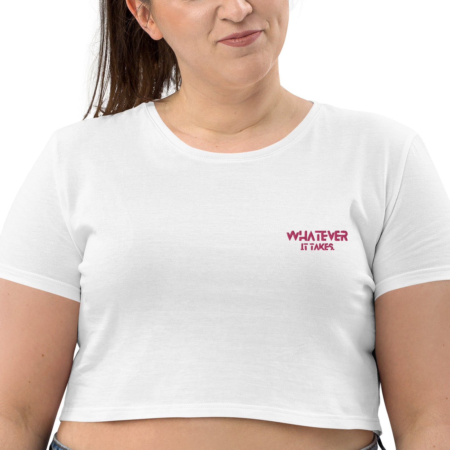 Whatever it takes (front left) - dark pink thread - Organic Crop Top