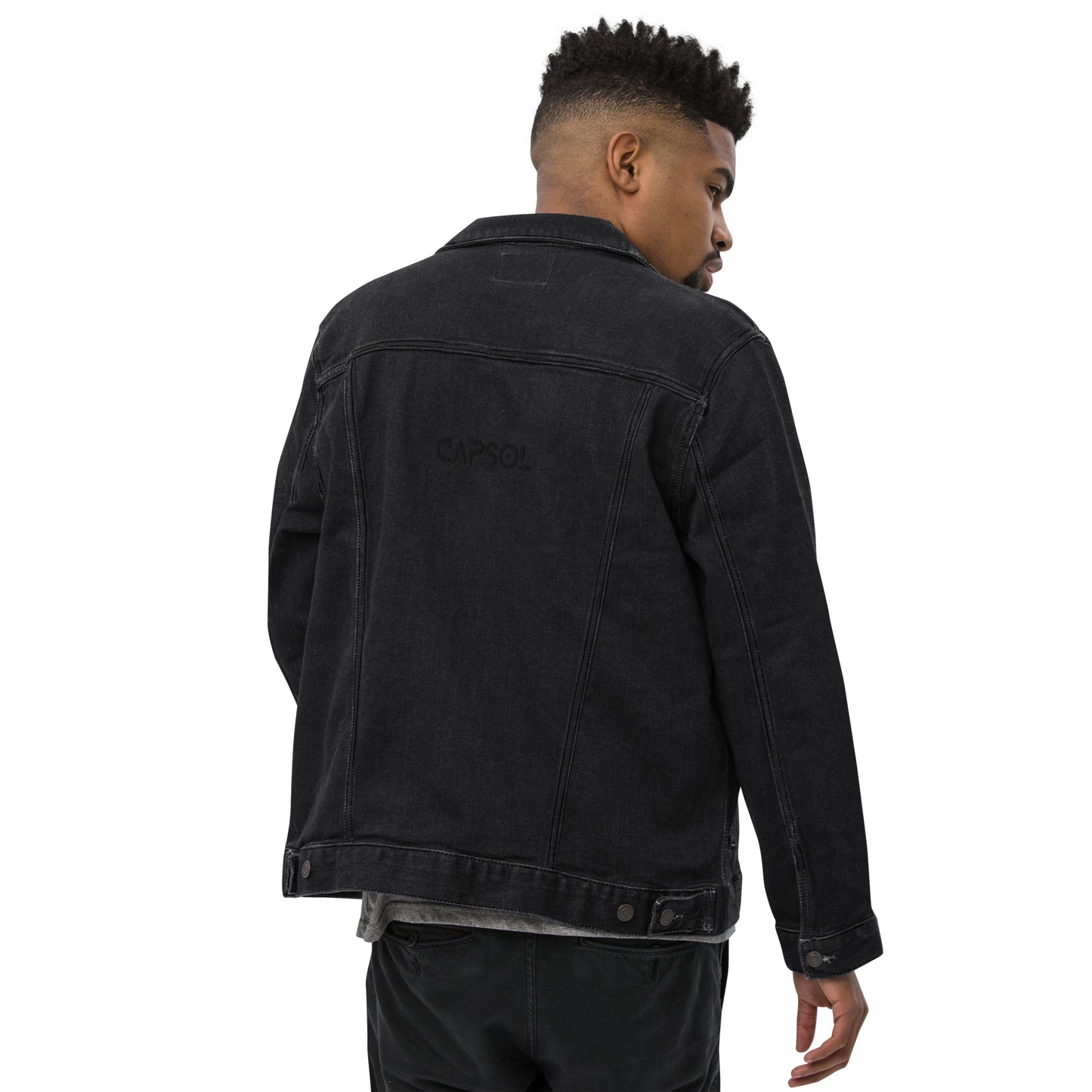 CapSol (back) - black thread - denim jacket