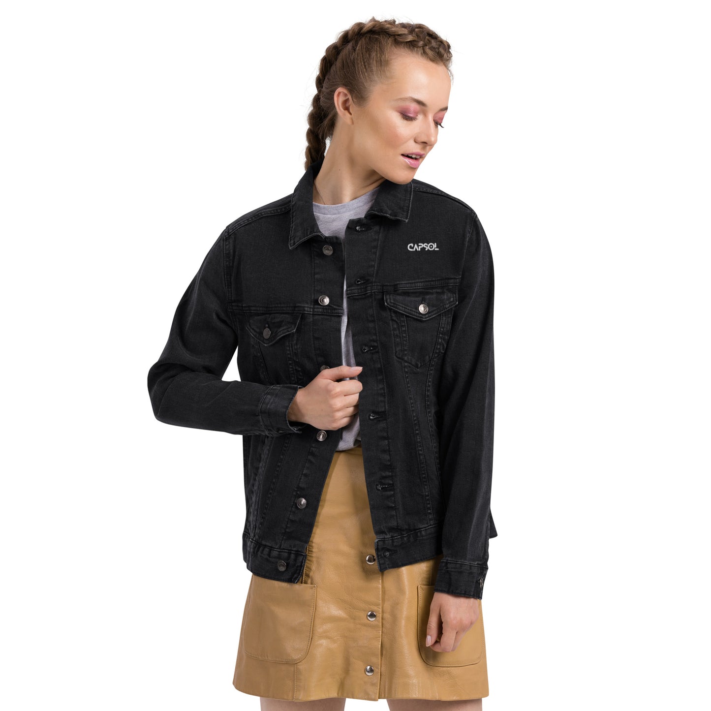 CapSol (front left) - white thread - Unisex denim jacket