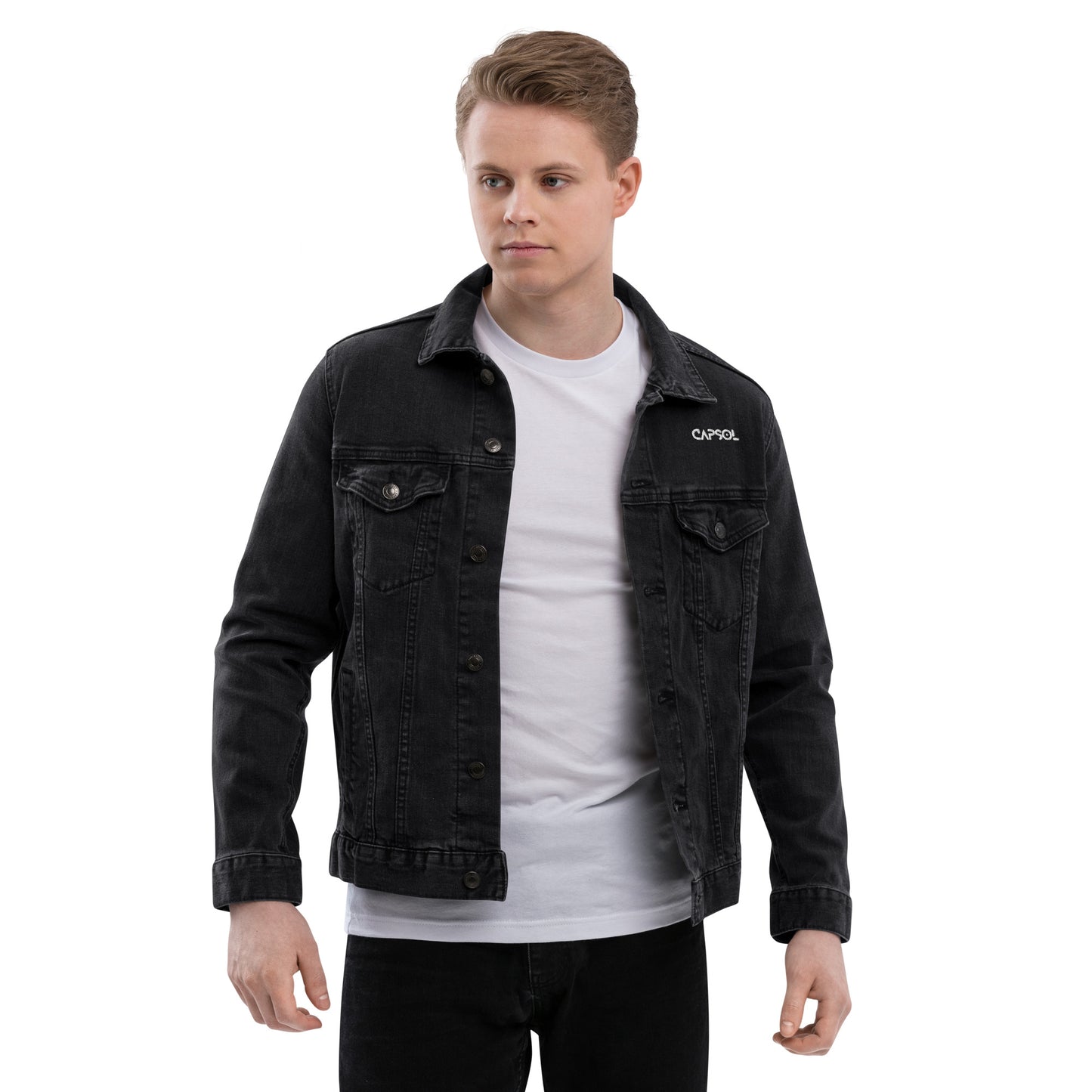 CapSol (front left) - white thread - Unisex denim jacket