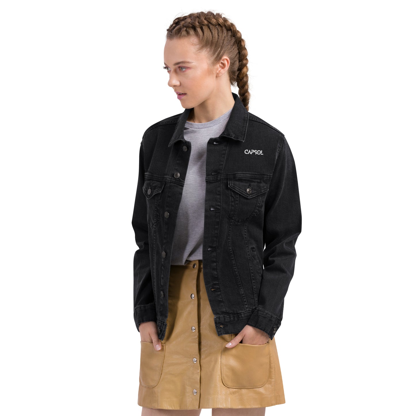CapSol (front left) - white thread - Unisex denim jacket