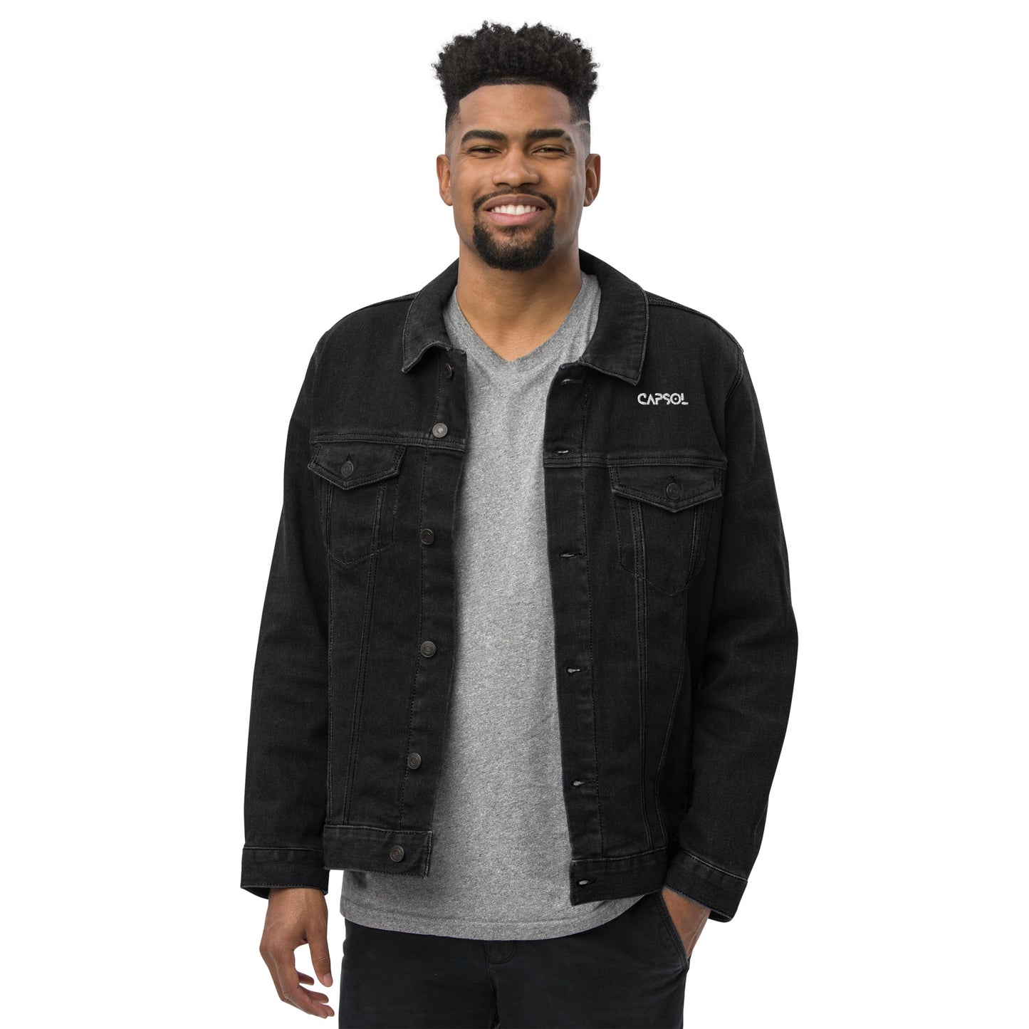CapSol (front left) - white thread - Unisex denim jacket