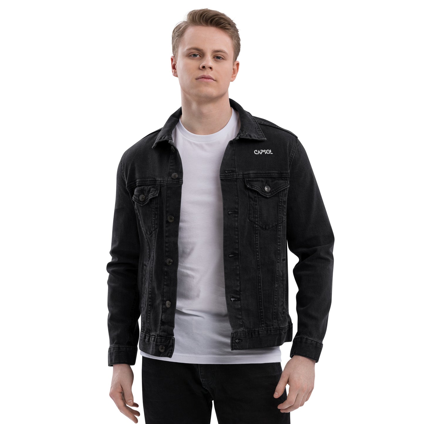CapSol (front left) - white thread - Unisex denim jacket