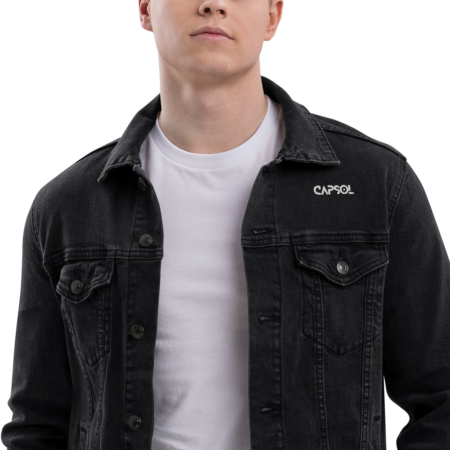CapSol (front left) - white thread - Unisex denim jacket