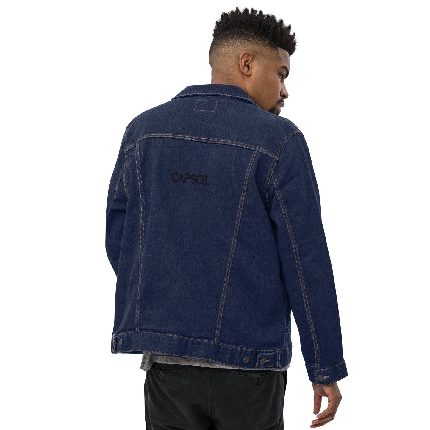 CapSol (back) - black thread - denim jacket