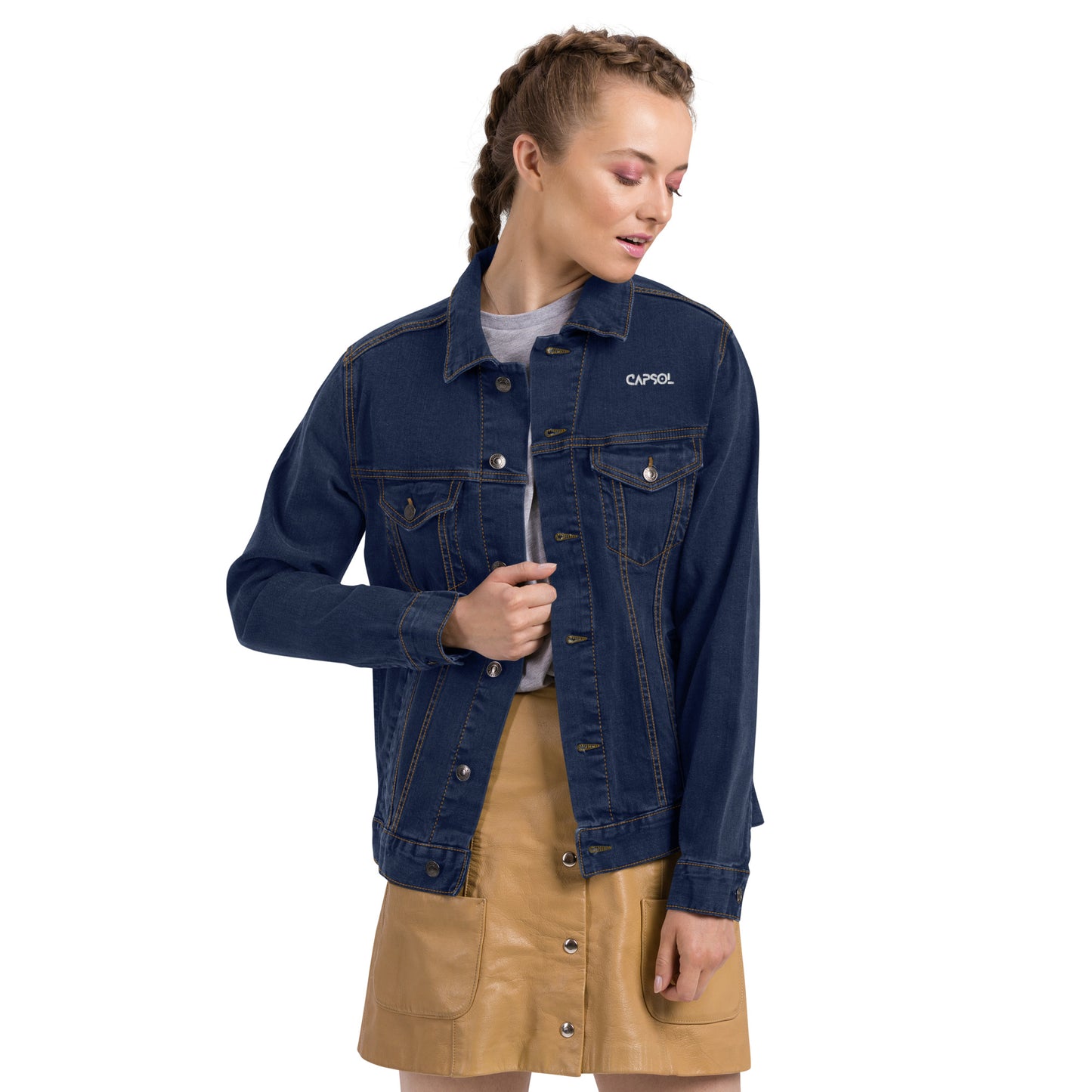 CapSol (front left) - white thread - Unisex denim jacket