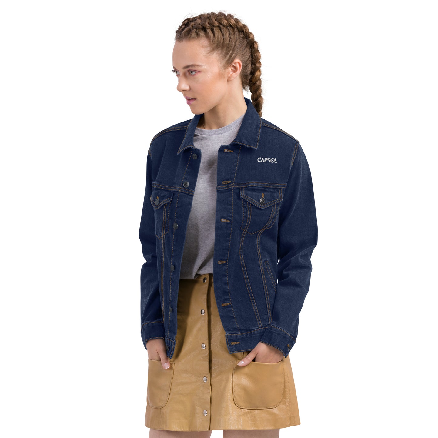 CapSol (front left) - white thread - Unisex denim jacket