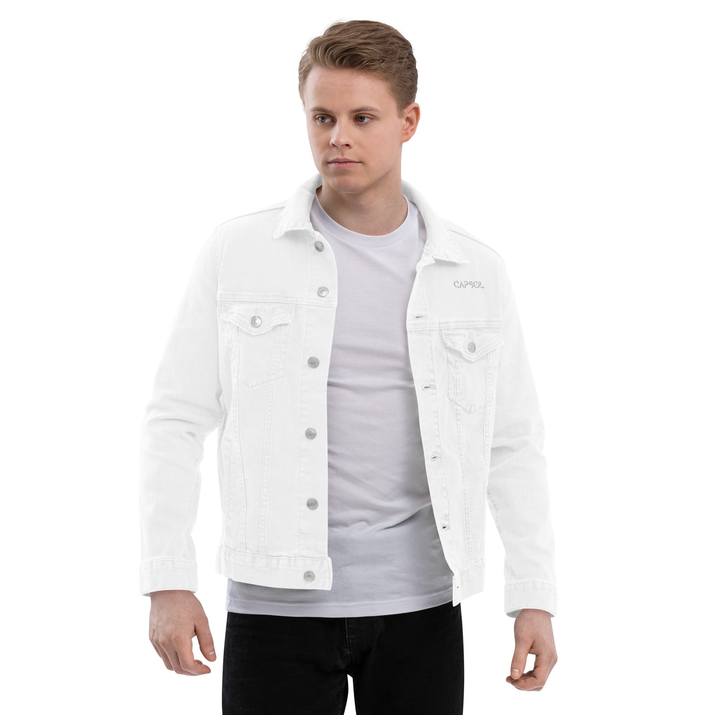 CapSol (front left) - white thread - Unisex denim jacket