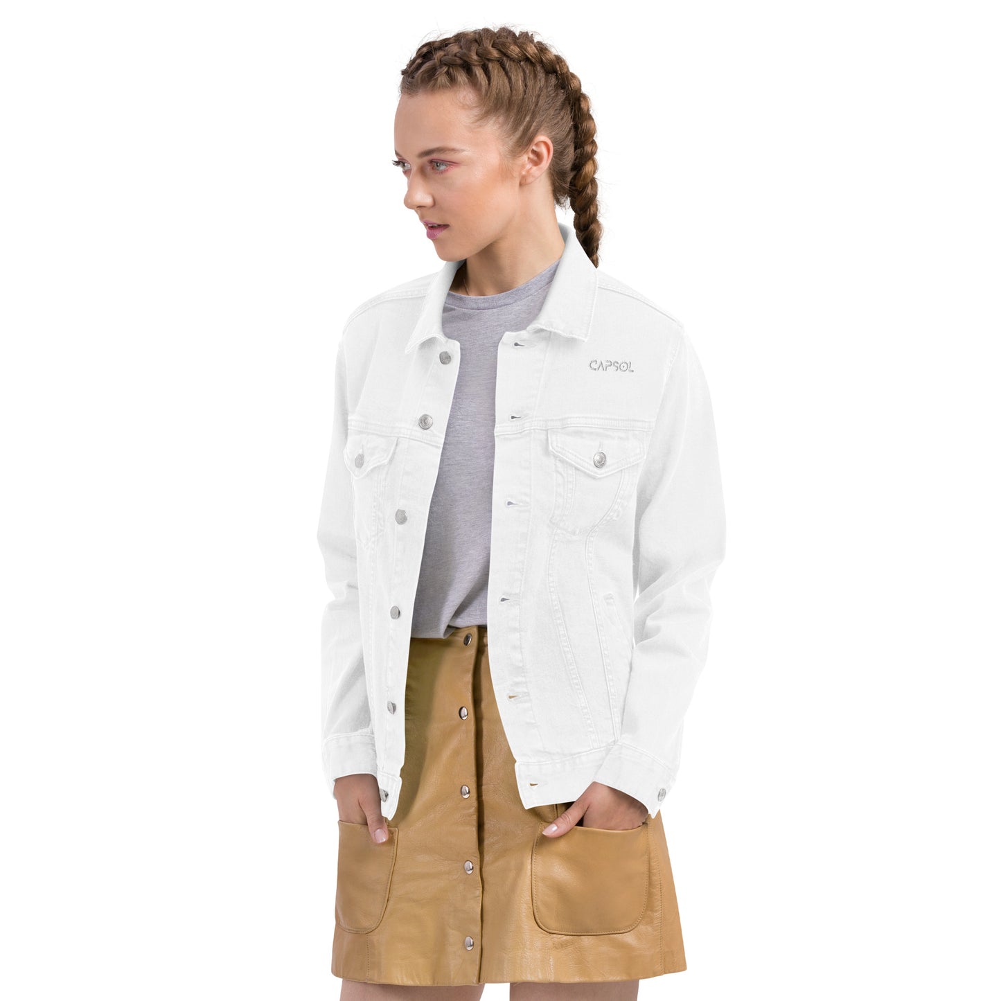 CapSol (front left) - white thread - Unisex denim jacket