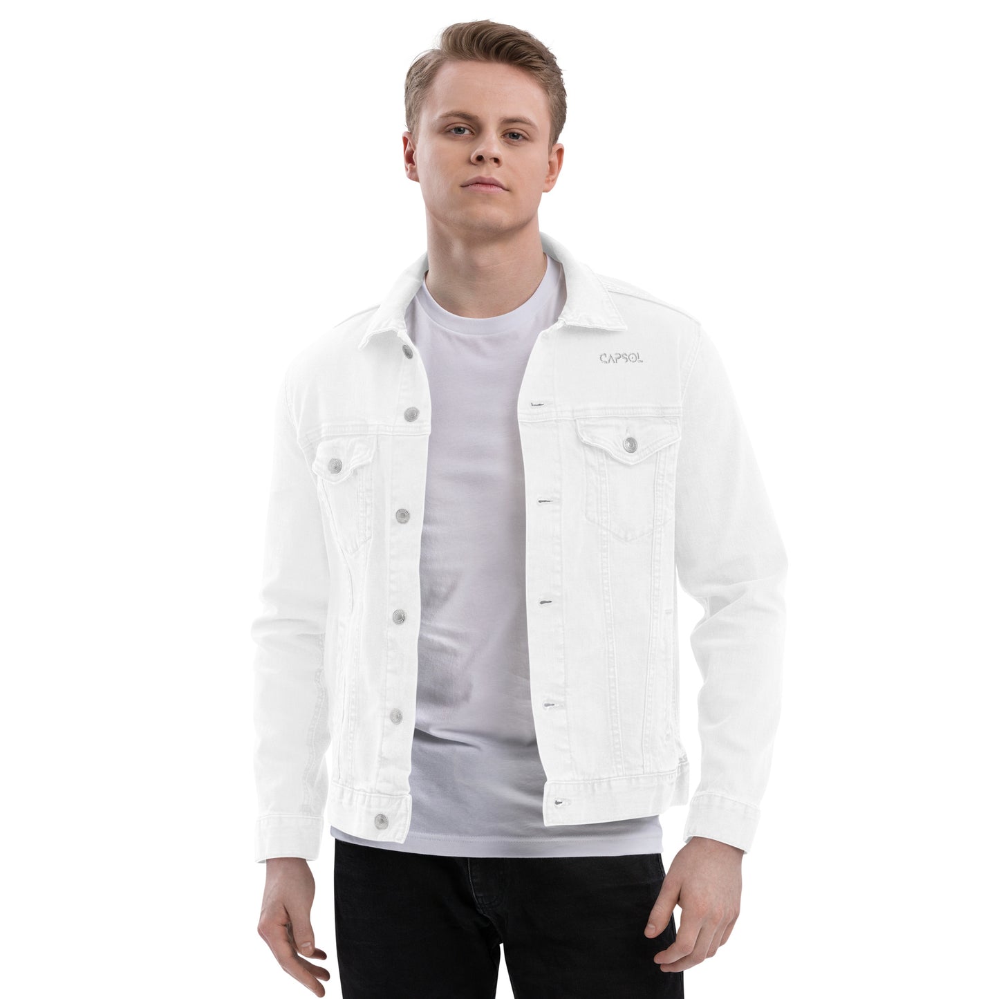 CapSol (front left) - white thread - Unisex denim jacket