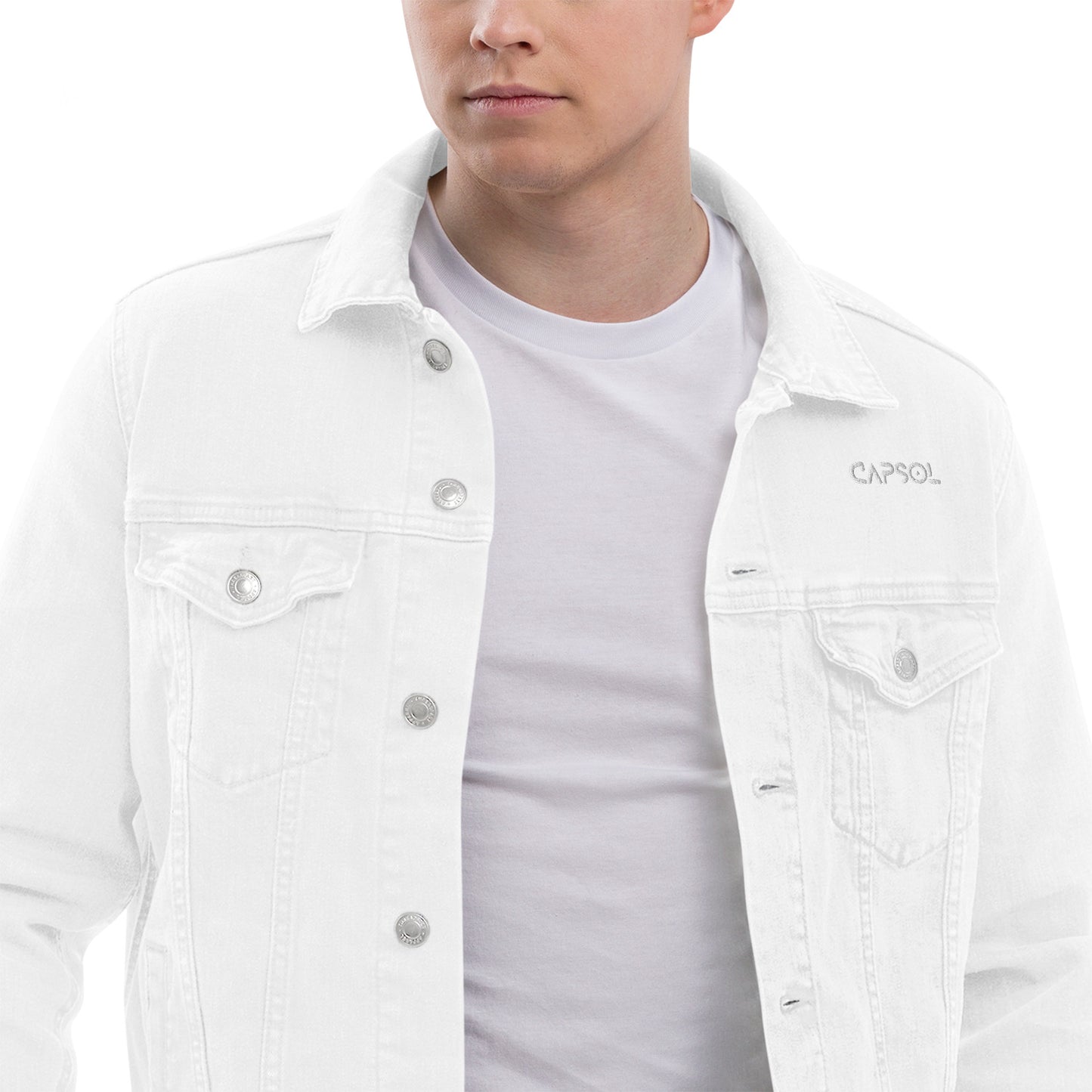 CapSol (front left) - white thread - Unisex denim jacket