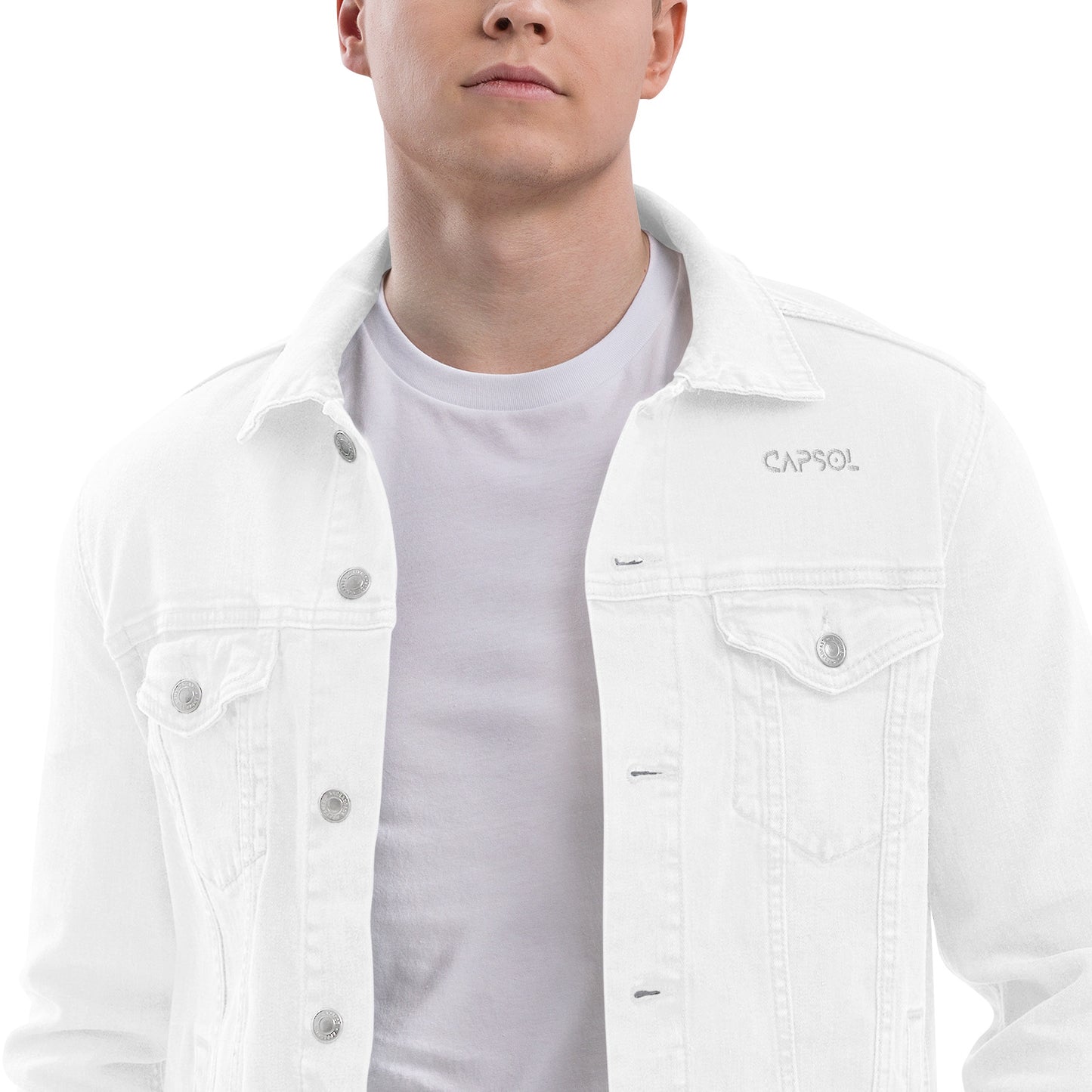 CapSol (front left) - white thread - Unisex denim jacket