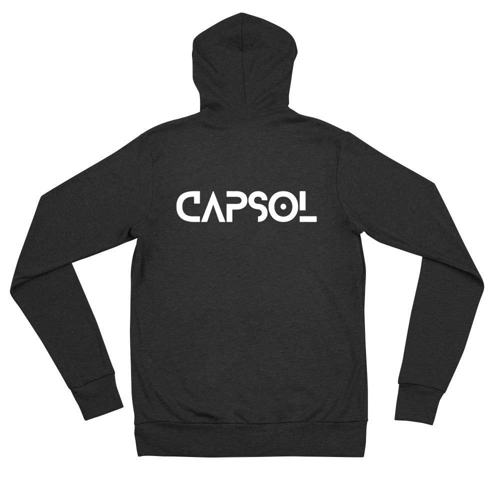 CapSol (back) - white text - Unisex zip hoodie