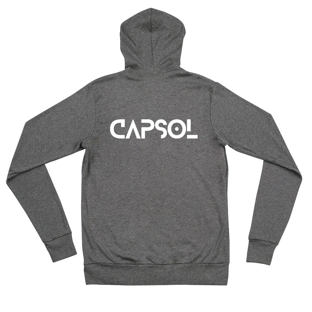 CapSol (back) - white text - Unisex zip hoodie