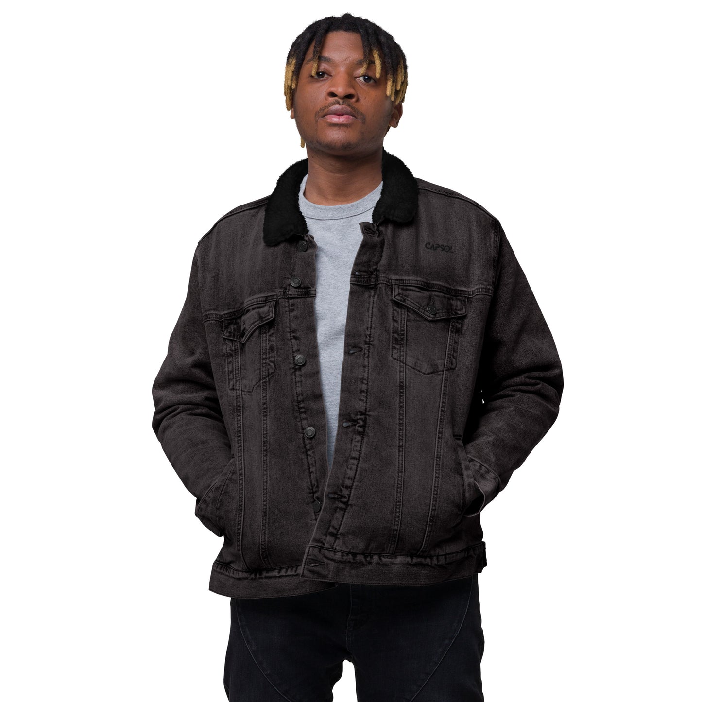 CapSol (front) - black thread - Unisex denim sherpa jacket