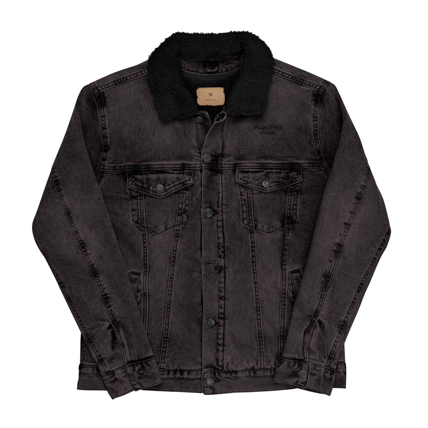 Whatever it takes (front) - black thread - Unisex denim sherpa jacket