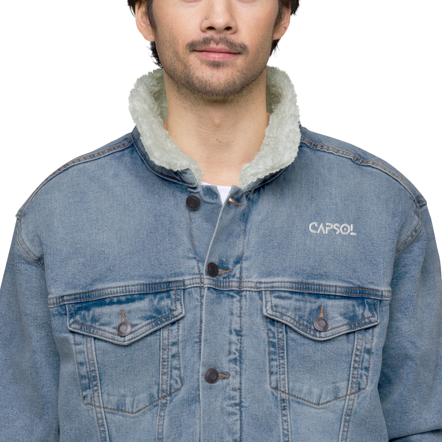 CapSol (front) - white thread - Unisex denim sherpa jacket