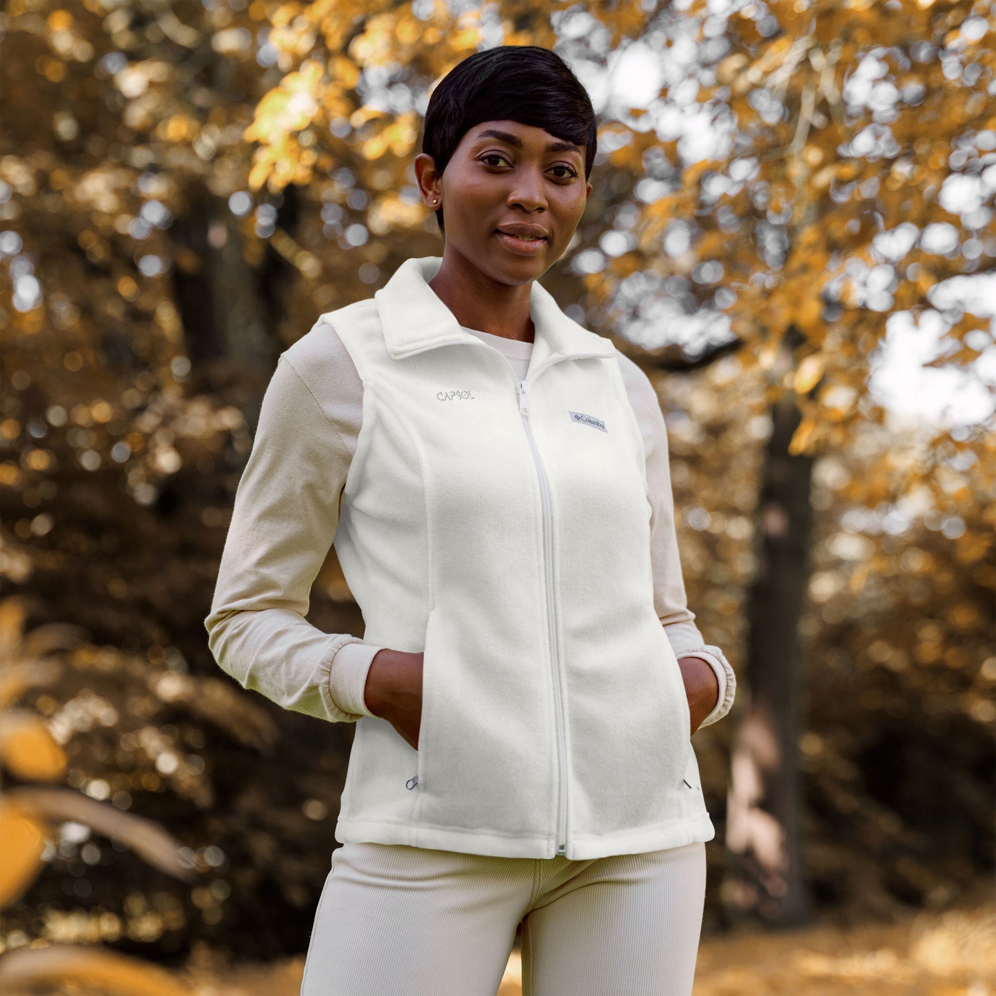 CapSol (front) - white thread - Women’s Columbia fleece vest